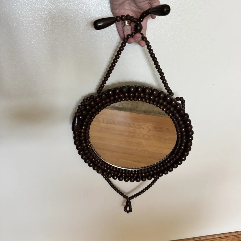 Vintage Hanging Wooden Beaded Round Mirror 1970s Boho Chic Eclectic Accent Wall